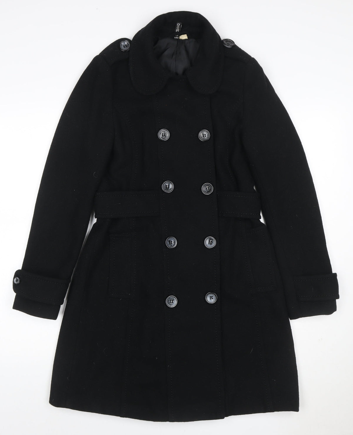 H&M Divided Women's Black UK 10 Double-Breasted Wool Pea Coat