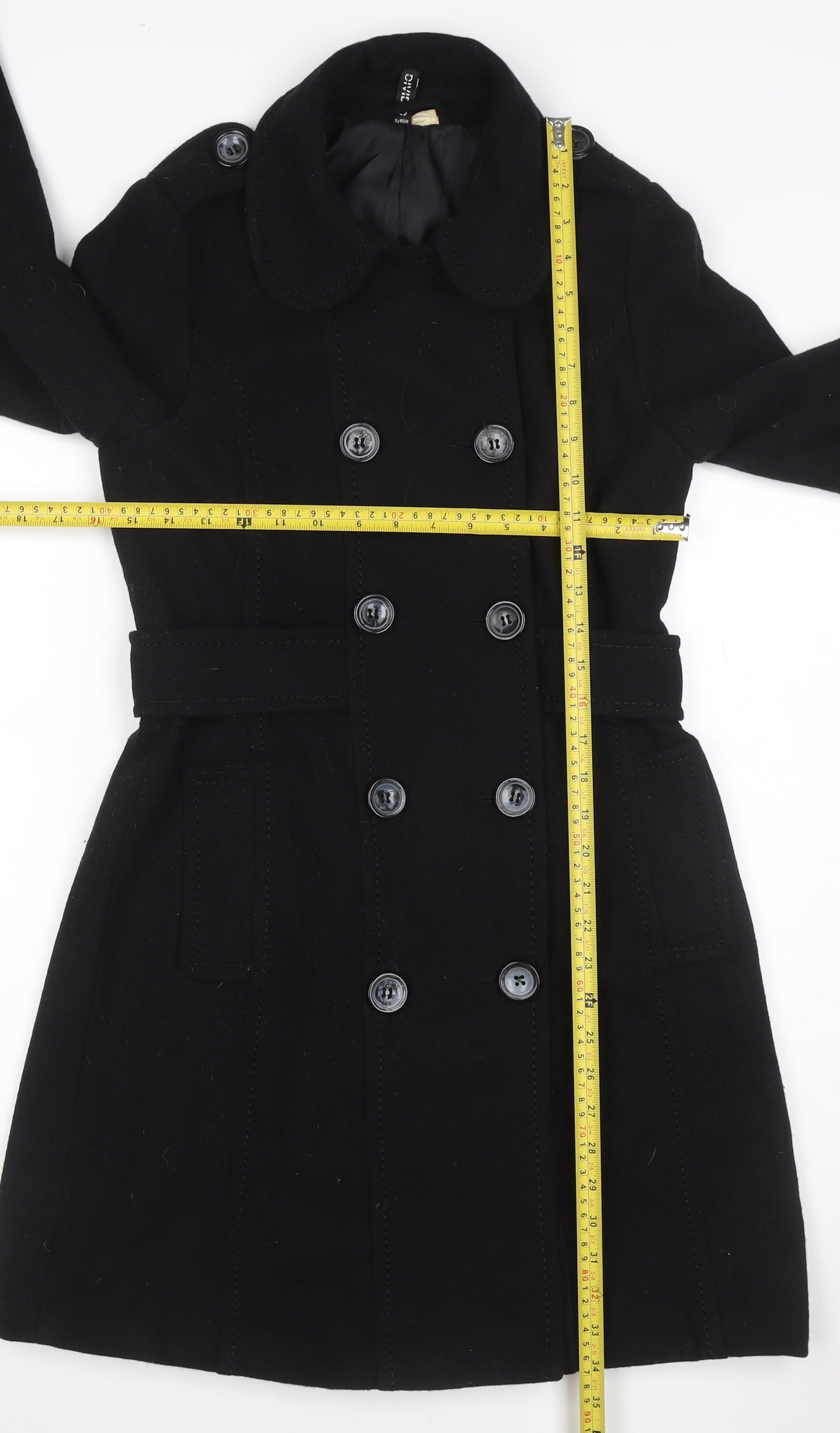 H&M Divided Women's Black UK 10 Double-Breasted Wool Pea Coat