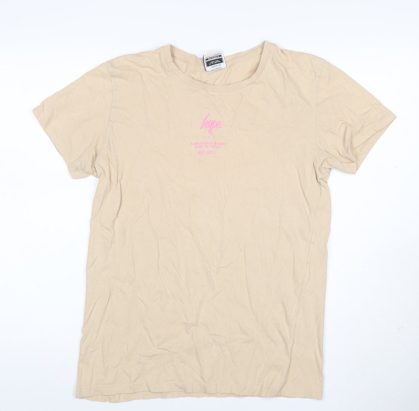 Hype Women's Beige Size M Basic Cotton Crew Neck Logo T-Shirt