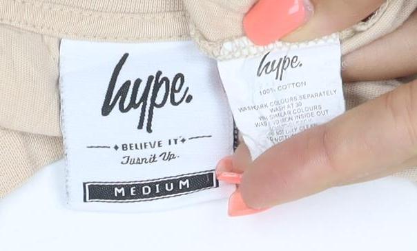 Hype Women's Beige Size M Basic Cotton Crew Neck Logo T-Shirt