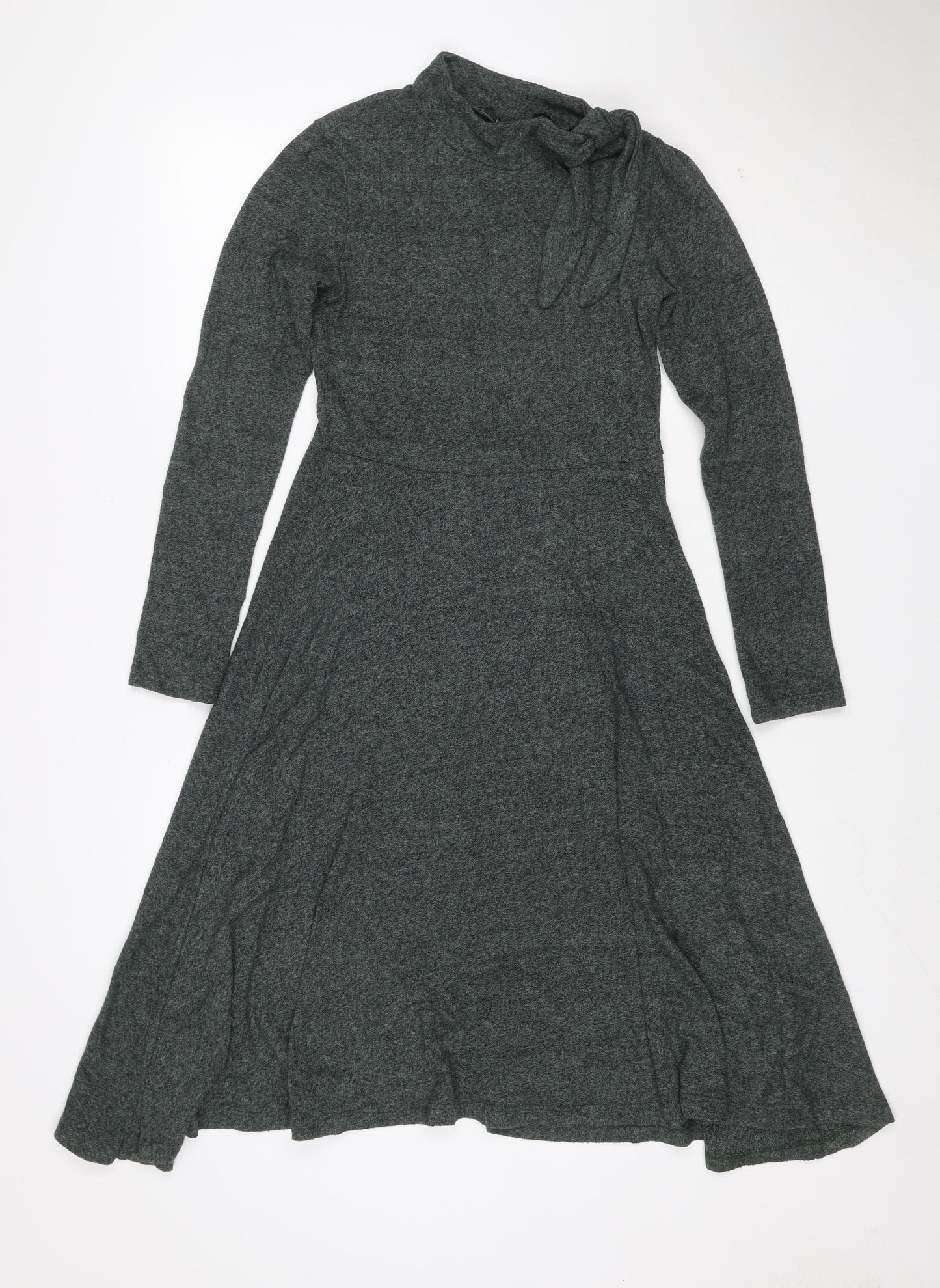Zara Women Grey Marl S Knit Jumper Dress V-Neck Long Sleeve Tie