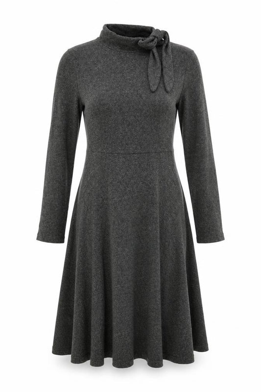 Zara Women Grey Marl S Knit Jumper Dress V-Neck Long Sleeve Tie