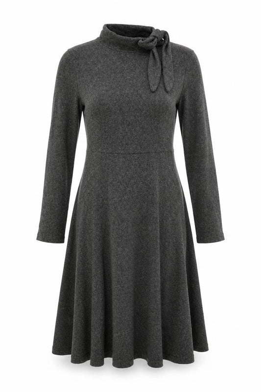 Zara Women Grey Marl S Knit Jumper Dress V-Neck Long Sleeve Tie
