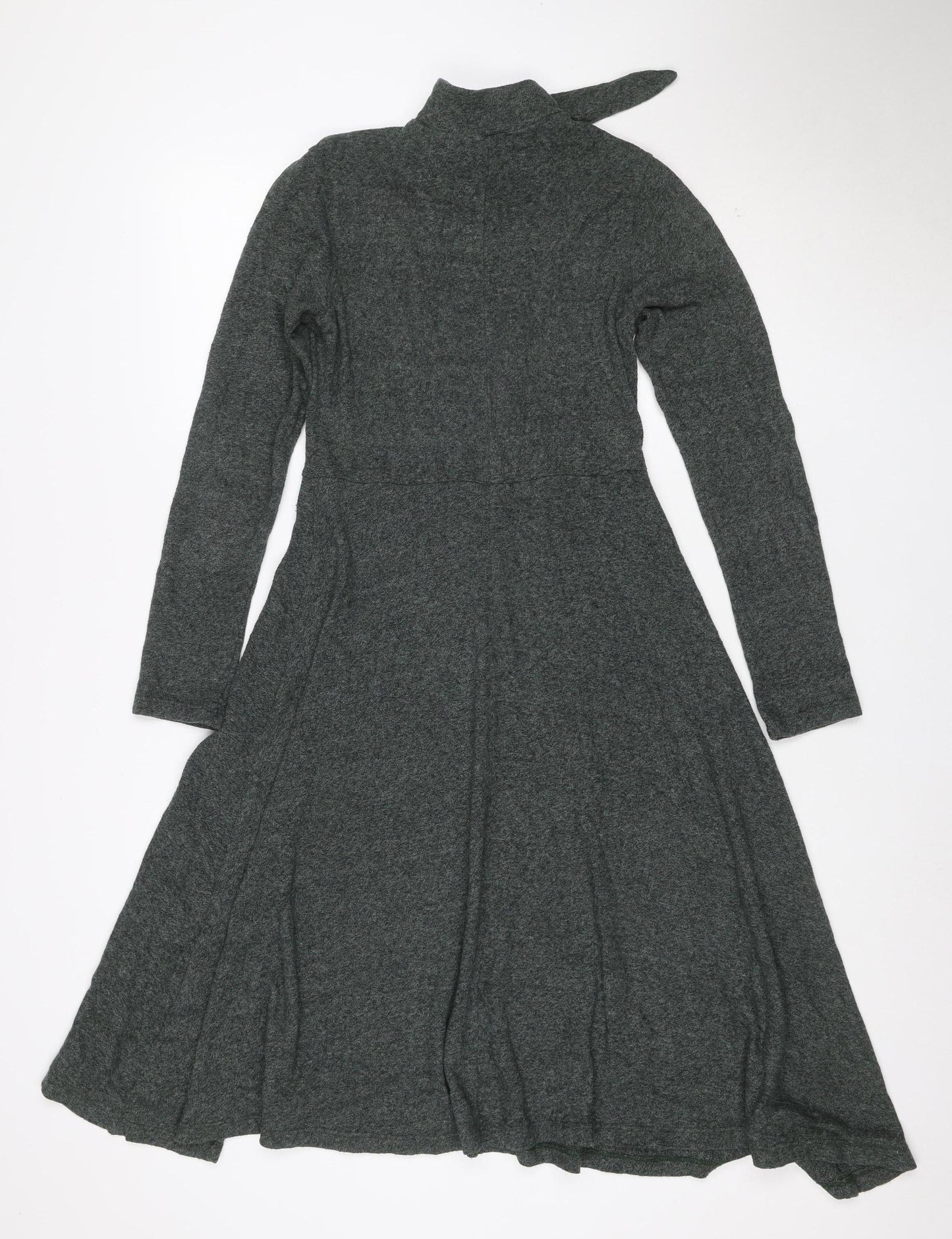 Zara Women Grey Marl S Knit Jumper Dress V-Neck Long Sleeve Tie