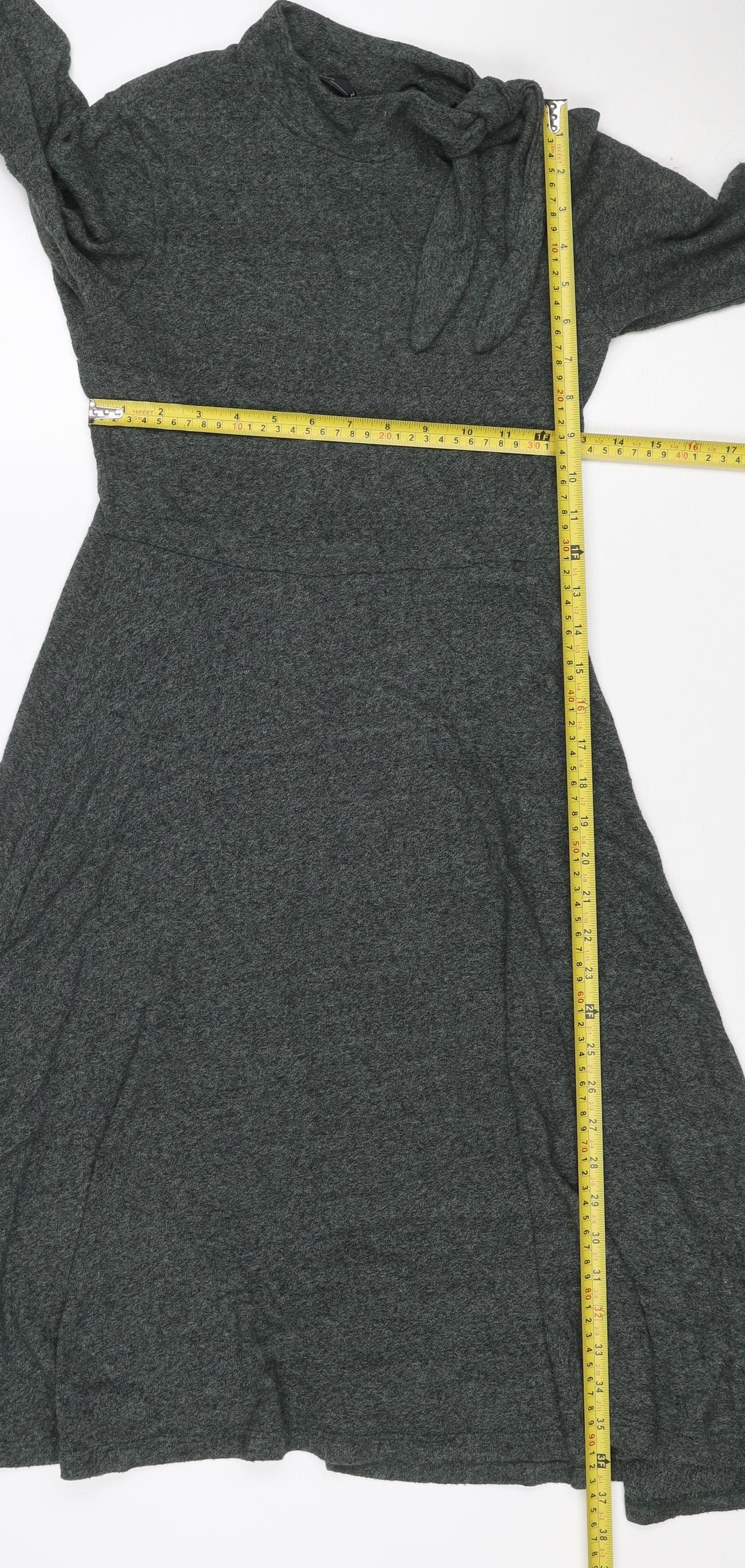 Zara Women Grey Marl S Knit Jumper Dress V-Neck Long Sleeve Tie