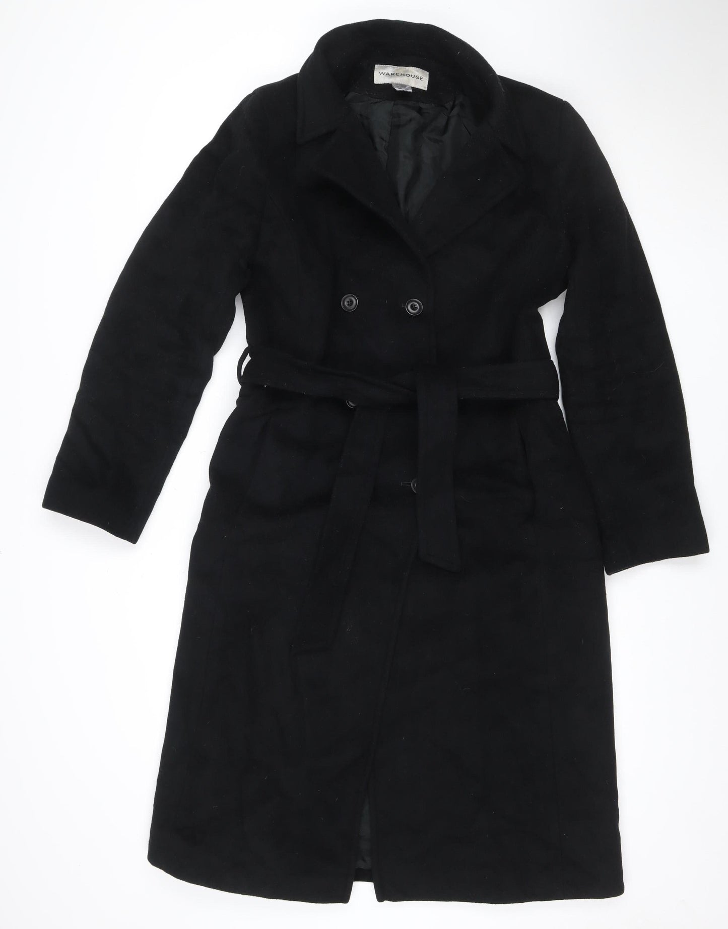 Warehouse Women Black UK 14 Wool Cashmere Belted Double Breasted Coat
