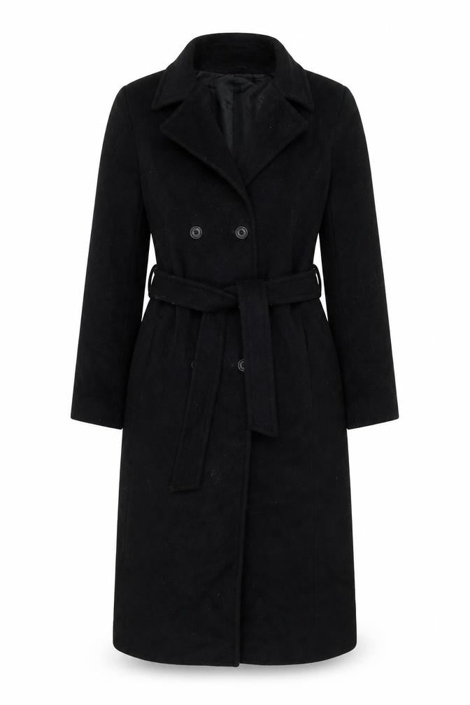 Warehouse Women Black UK 14 Wool Cashmere Belted Double Breasted Coat