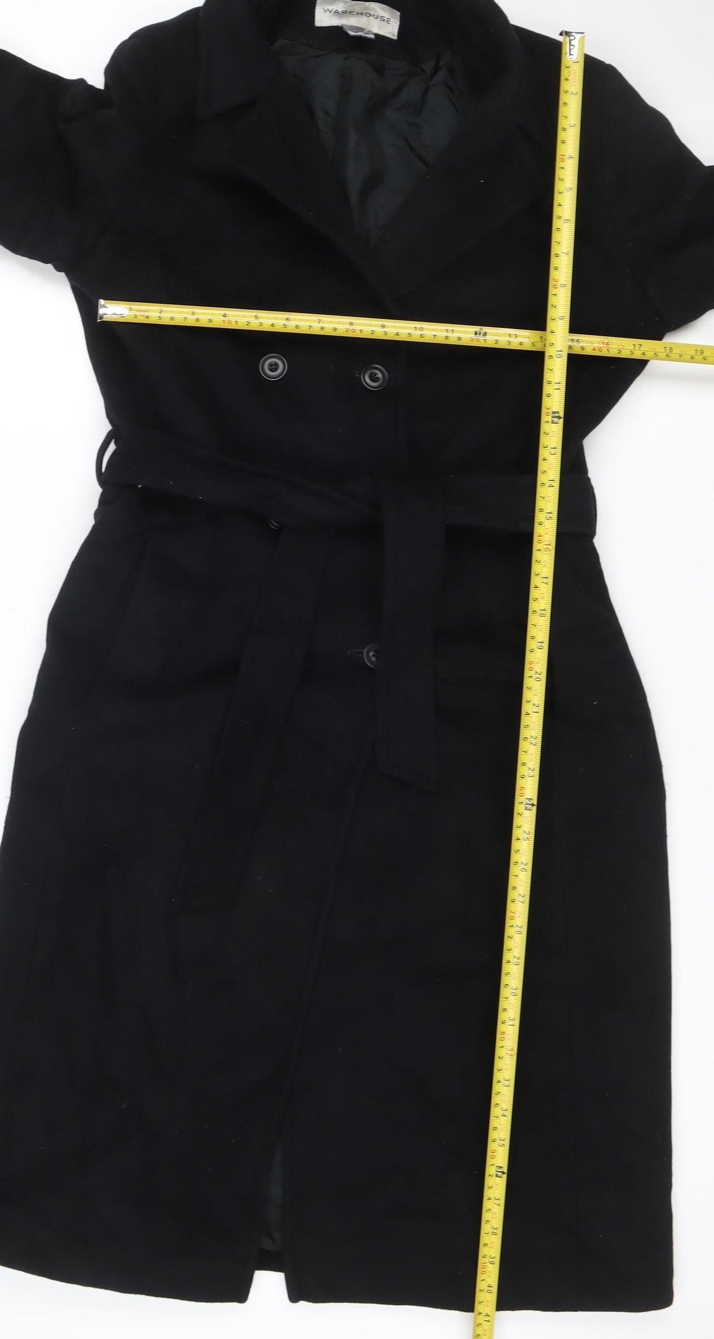 Warehouse Women Black UK 14 Wool Cashmere Belted Double Breasted Coat