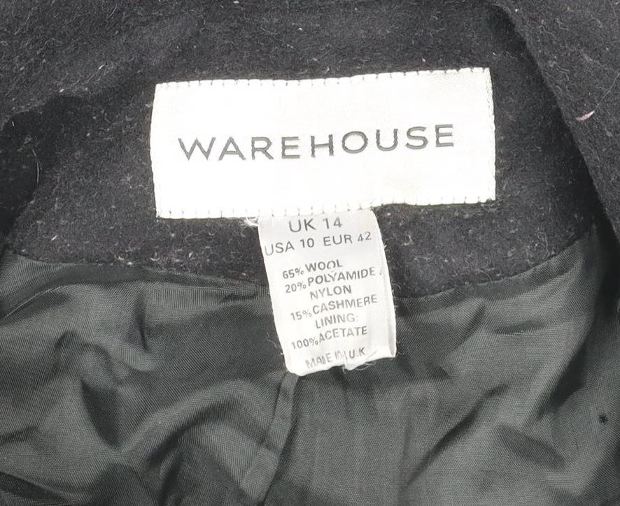 Warehouse Women Black UK 14 Wool Cashmere Belted Double Breasted Coat