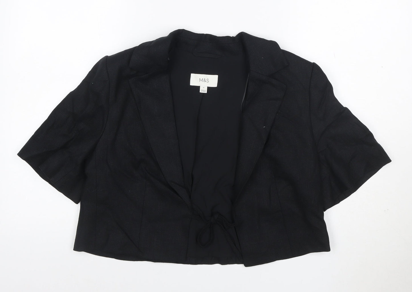 M&S Women Black UK 12 Linen Short Sleeve Belted Blazer Jacket