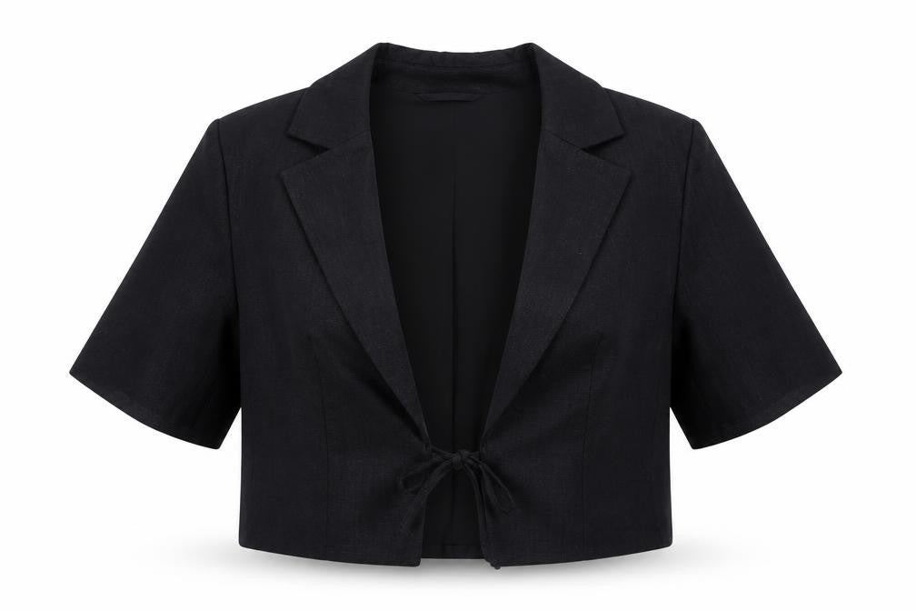 Marks & Spencer Women Black UK 12 Linen Short Sleeve Belted Blazer Jacket