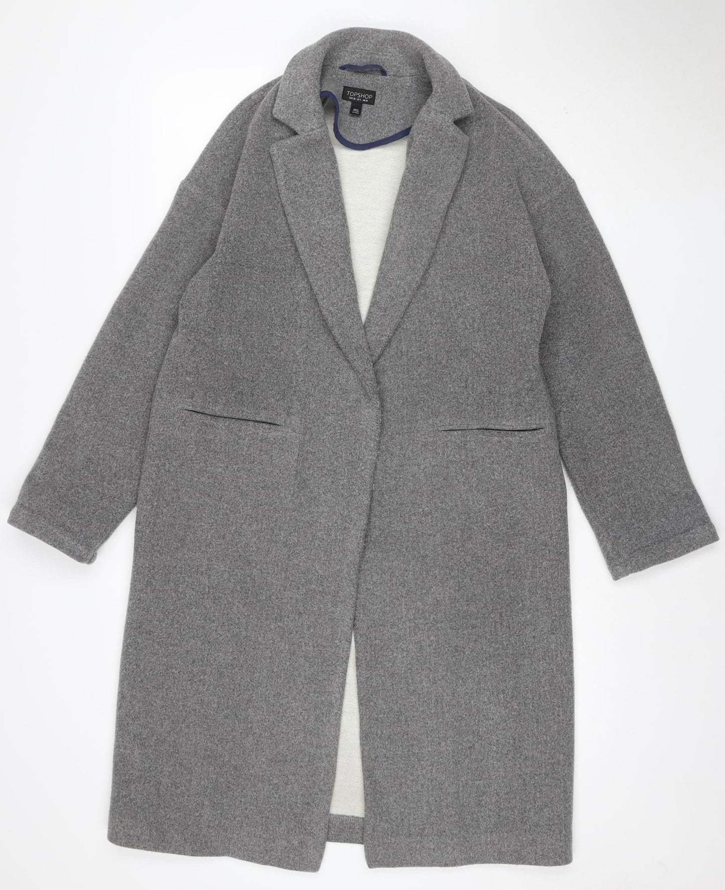 Topshop Women Grey UK 10 Long Wool Blend Overcoat Snap Front Pockets