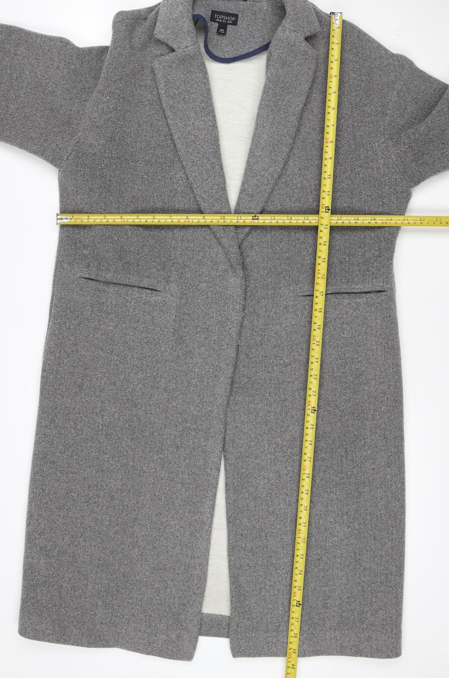 Topshop Women Grey UK 10 Long Wool Blend Overcoat Snap Front Pockets