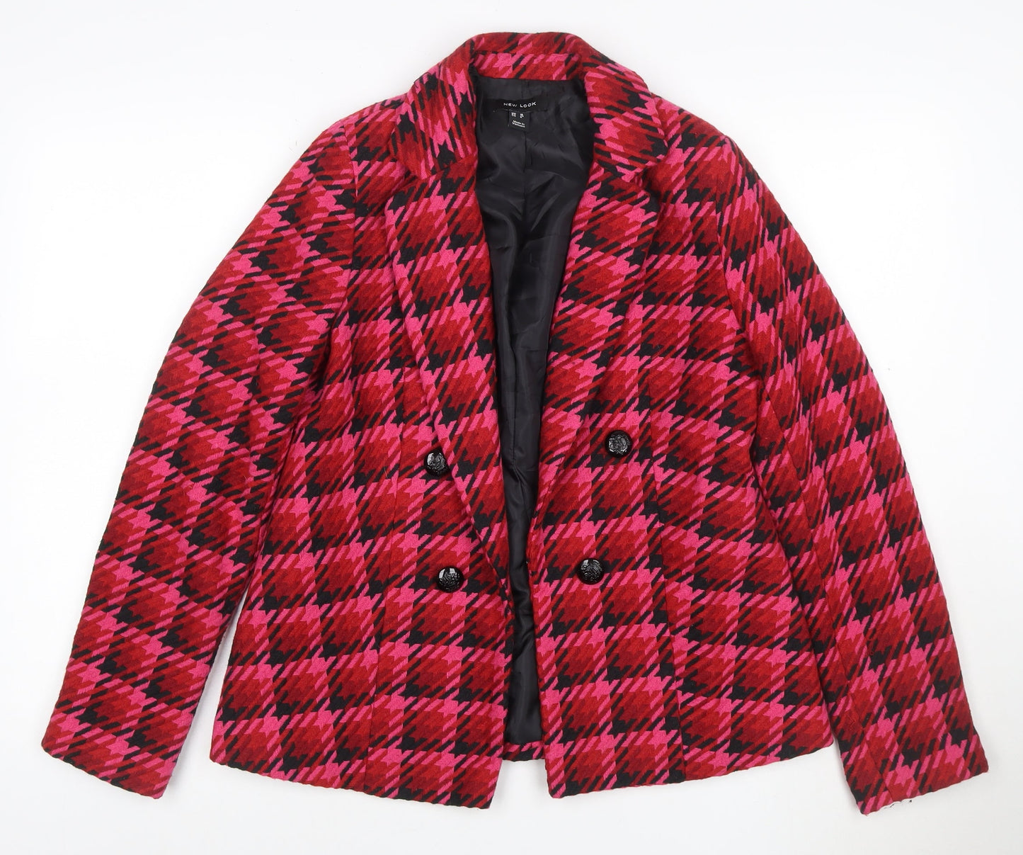 New Look Women Pink Check Wool Blend Pea Coat UK 10 Lined