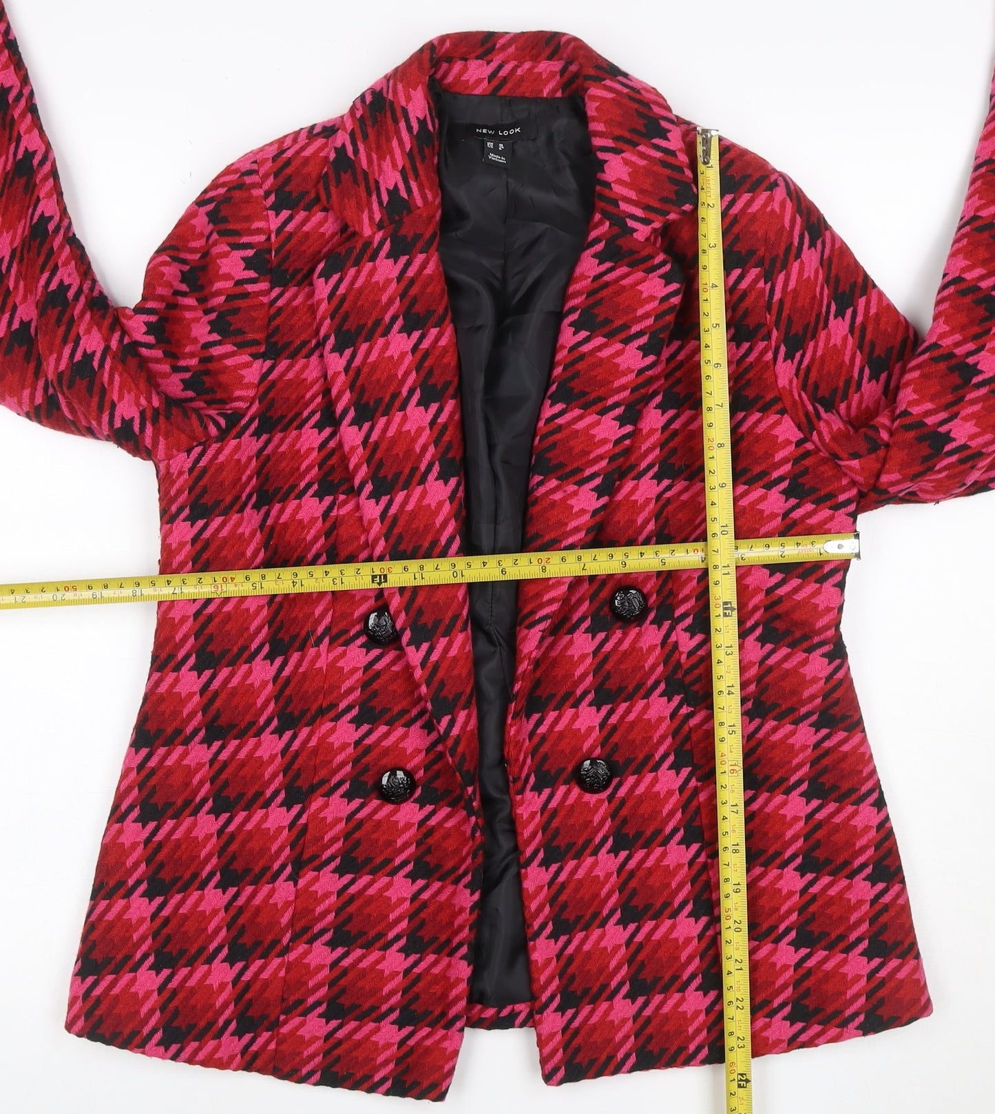 New Look Women Pink Check Wool Blend Pea Coat UK 10 Lined