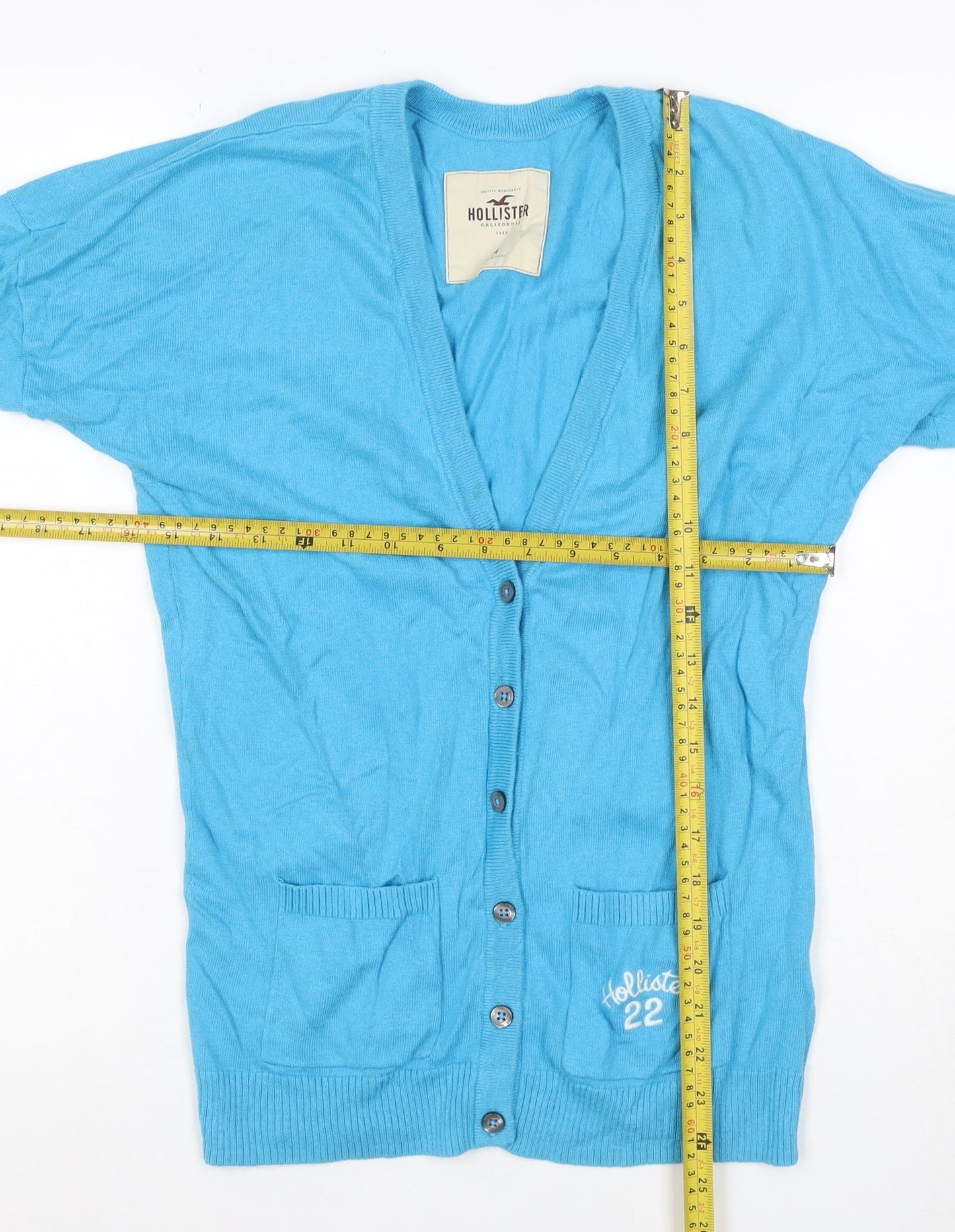 Hollister Women Blue M V-Neck Button Logo Knit Cardigan