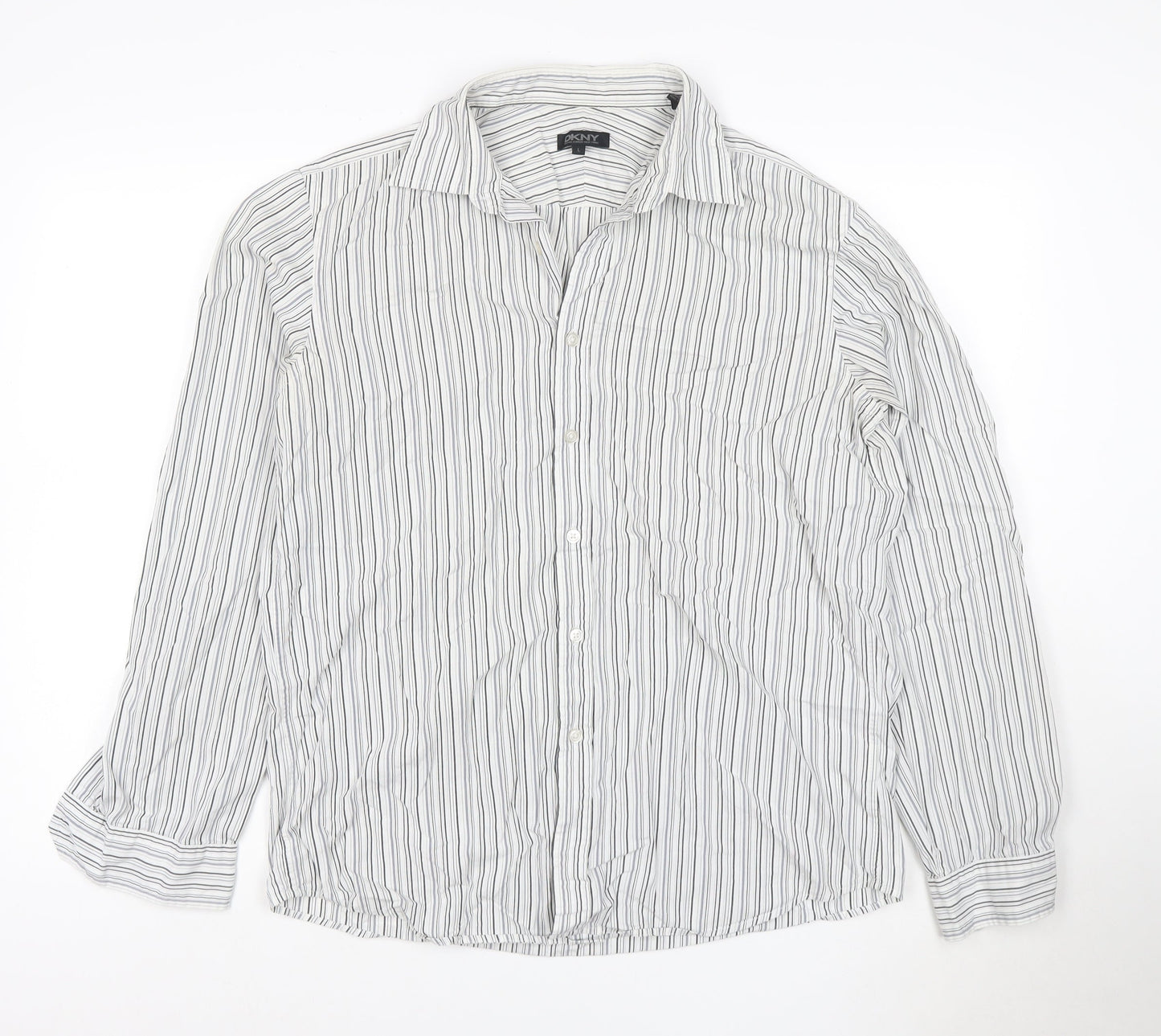 DKNY Men’s White Grey Striped Long Sleeve Button-Up Shirt Size L