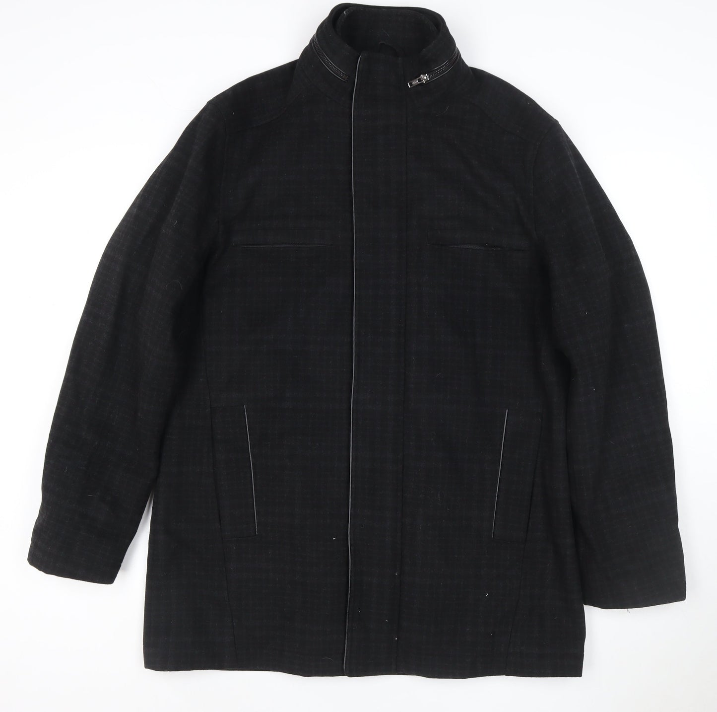 River Island Men Black Check Wool Blend Zip Overcoat UK L