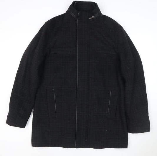 River Island Men Black Check Wool Blend Zip Overcoat UK L