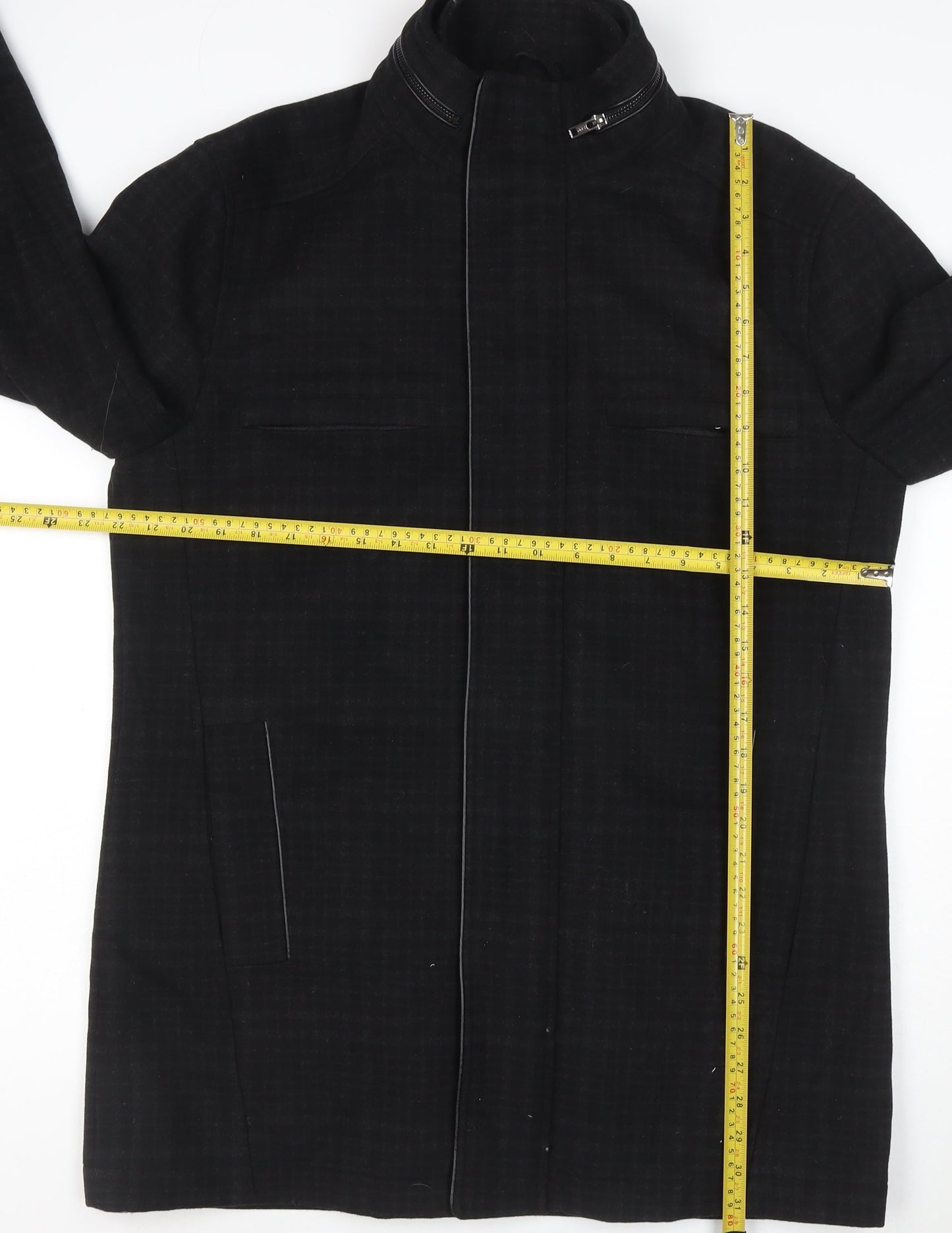 River Island Men Black Check Wool Blend Zip Overcoat UK L