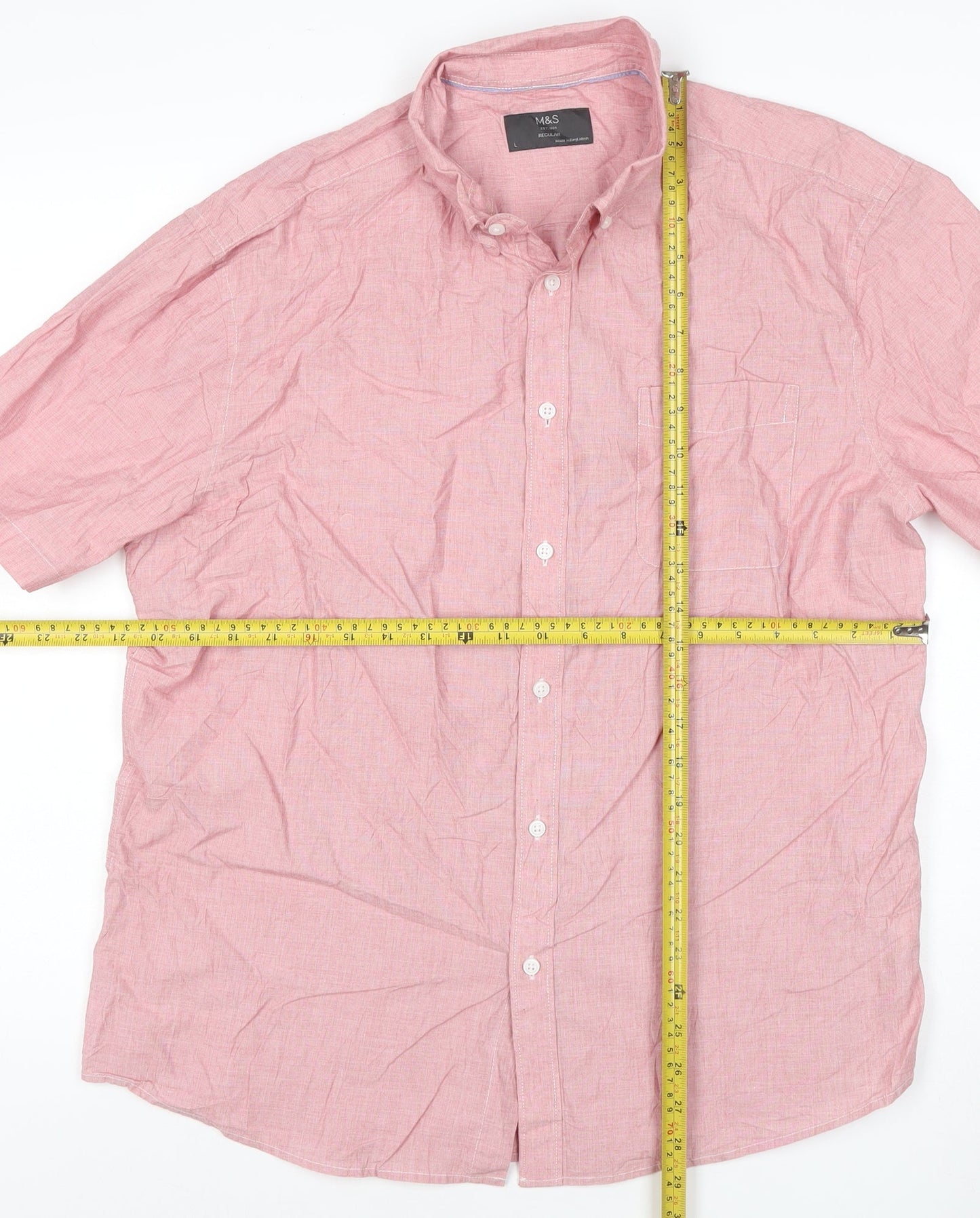 Marks & Spencer Men Pink L Regular Cotton Short Sleeve Button-Up Shirt