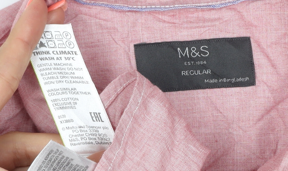 Marks & Spencer Men Pink L Regular Cotton Short Sleeve Button-Up Shirt