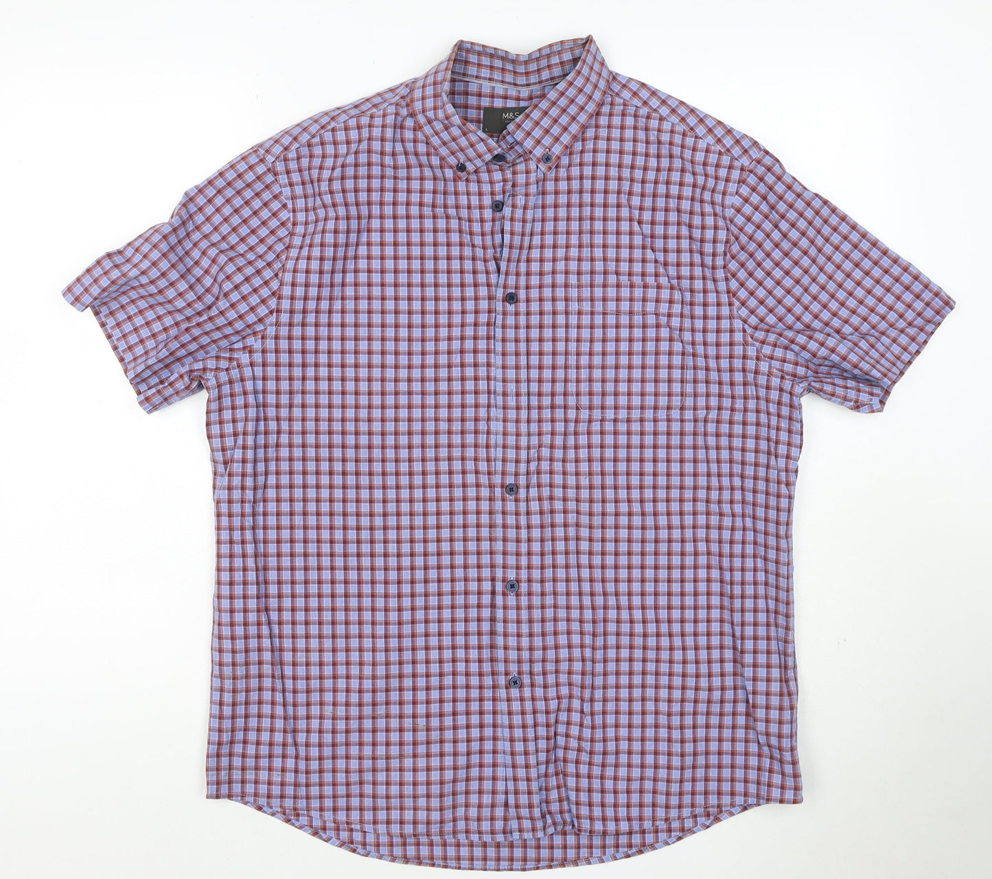 Marks and Spencer Men Blue Check Cotton Short Sleeve Shirt L Button-Down
