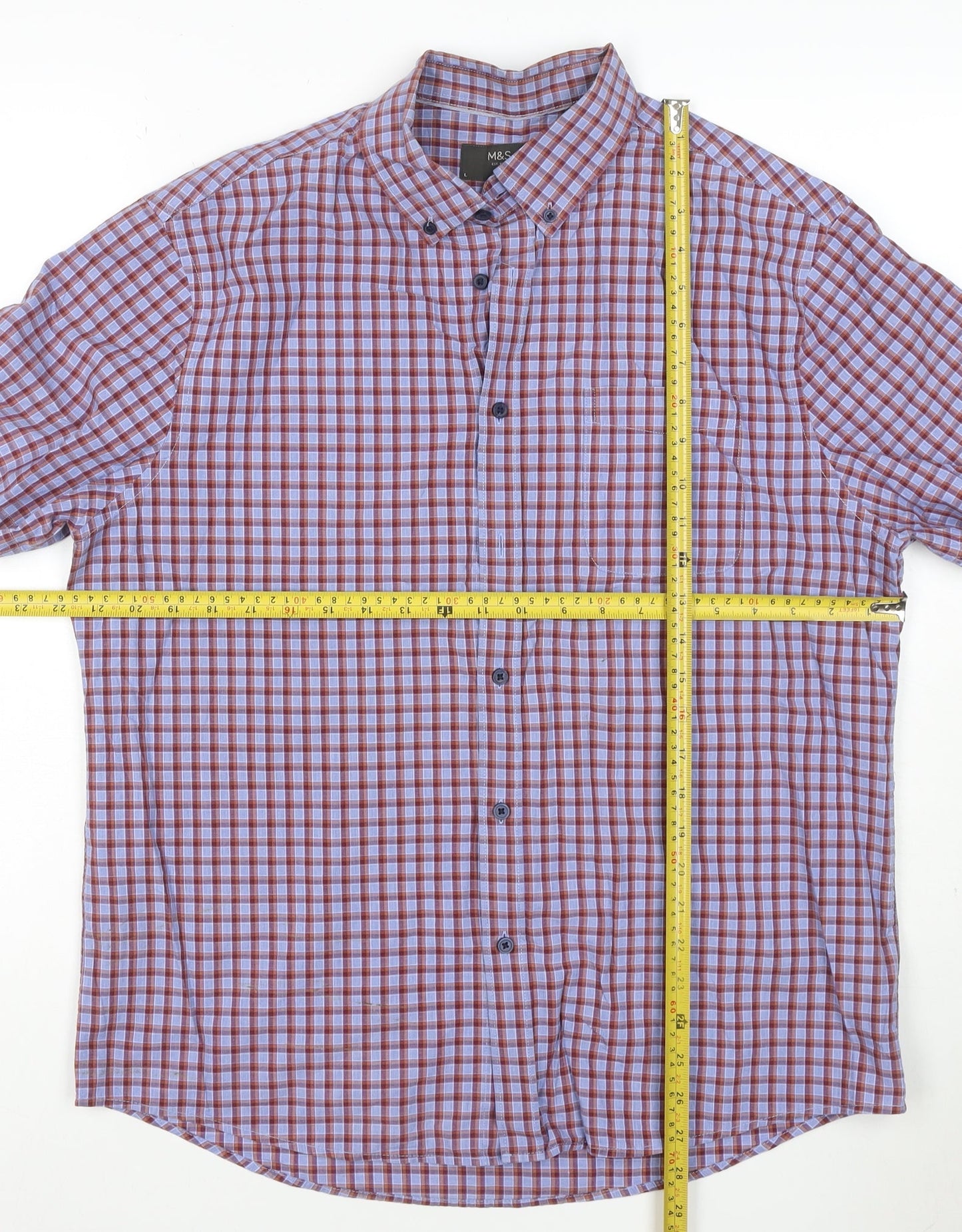 Marks and Spencer Men Blue Check Cotton Short Sleeve Shirt L Button-Down