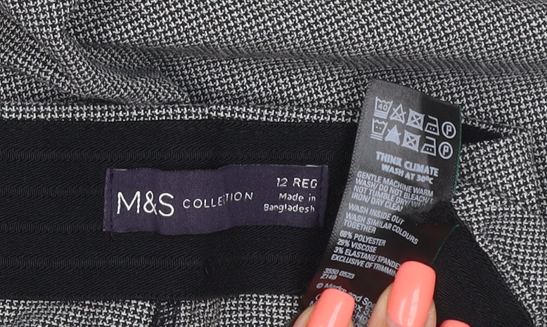 Marks & Spencer Women Grey Check Trousers UK 12 Regular Stretch Workwear