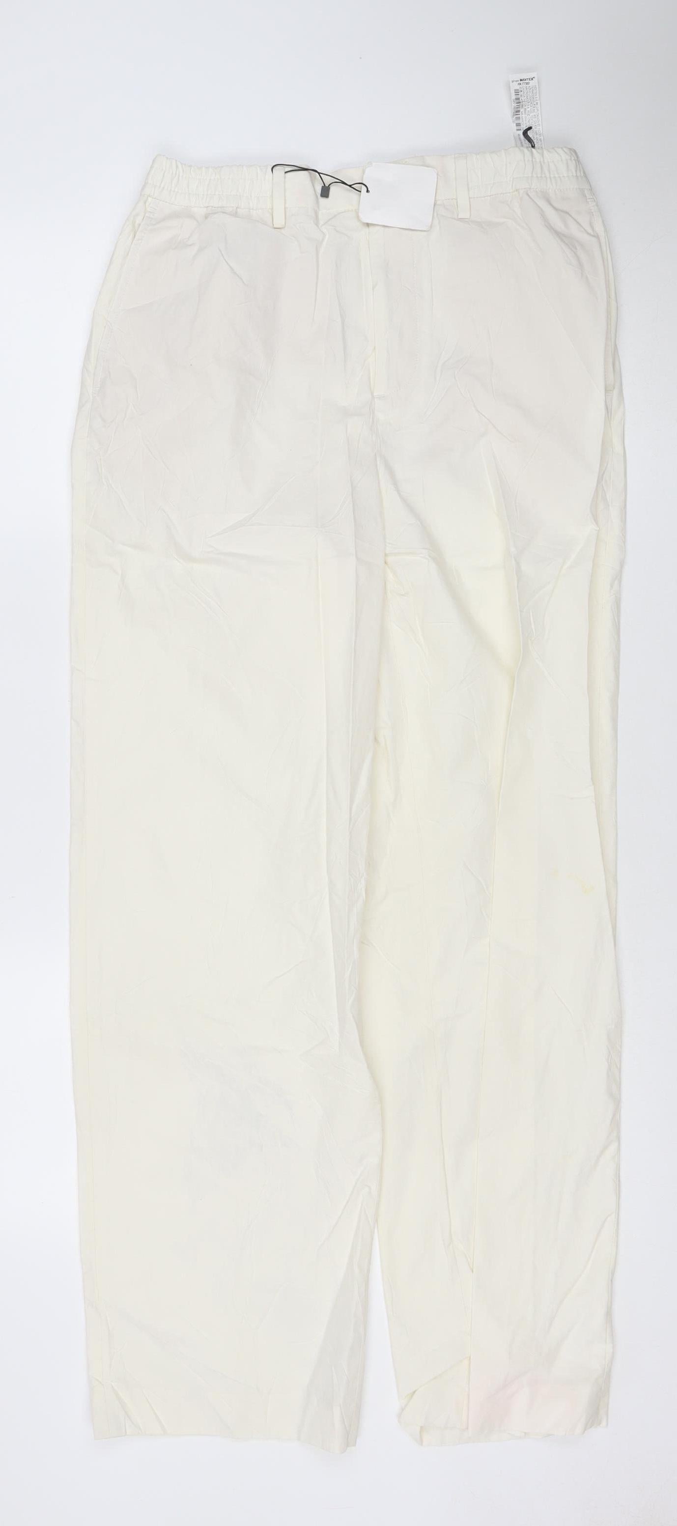 Zara Women Ivory M Wide Leg Mid Rise Cotton Drawstring Trousers