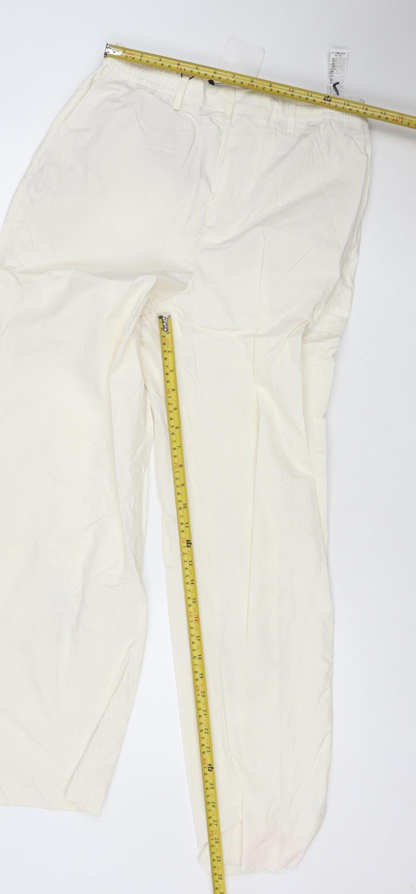 Zara Women Ivory M Wide Leg Mid Rise Cotton Drawstring Trousers