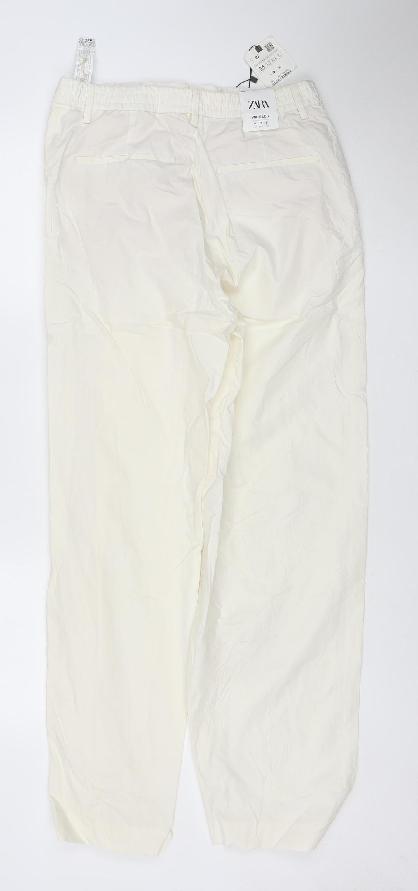 Zara Women Ivory M Wide Leg Mid Rise Cotton Drawstring Trousers