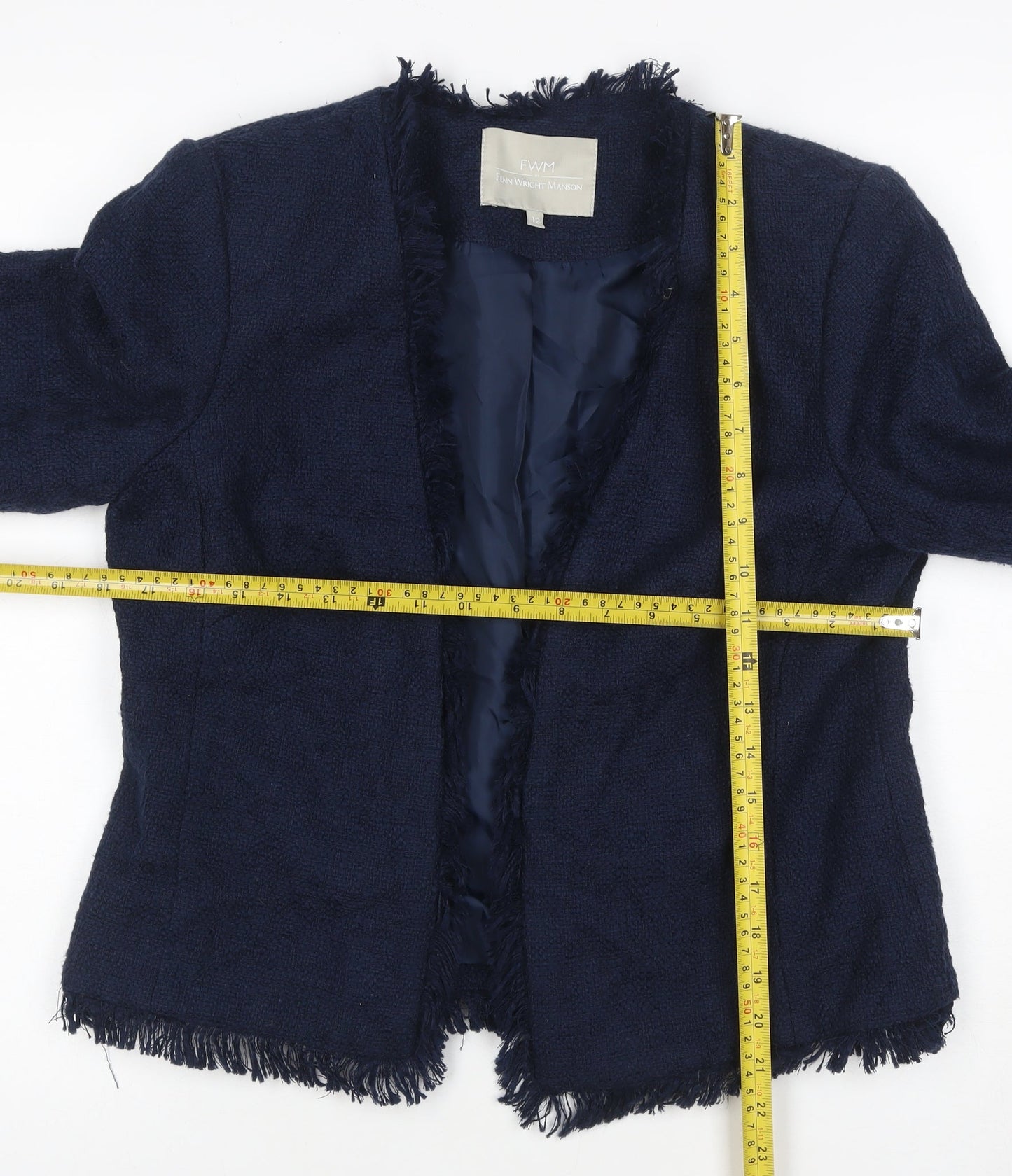 Finn Wright Manson Women Blue Size 12 Bouclé Fringe Blazer Jacket