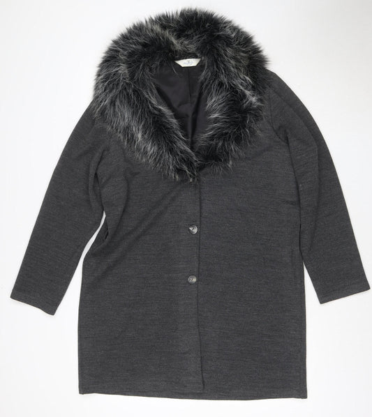 TU Women's Grey UK 18 Faux Fur Trim Overcoat Button Long Sleeve