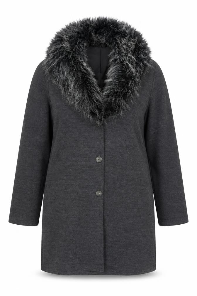 TU Women's Grey UK 18 Faux Fur Trim Overcoat Button Long Sleeve