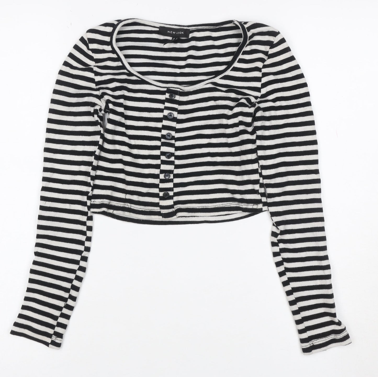 New Look Women Black White Striped Cropped Henley T-Shirt UK 6