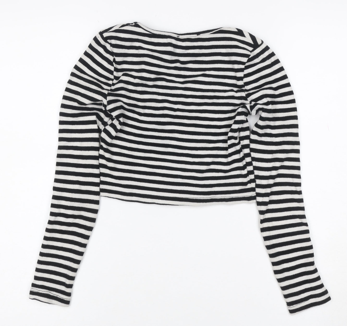 New Look Women Black White Striped Cropped Henley T-Shirt UK 6