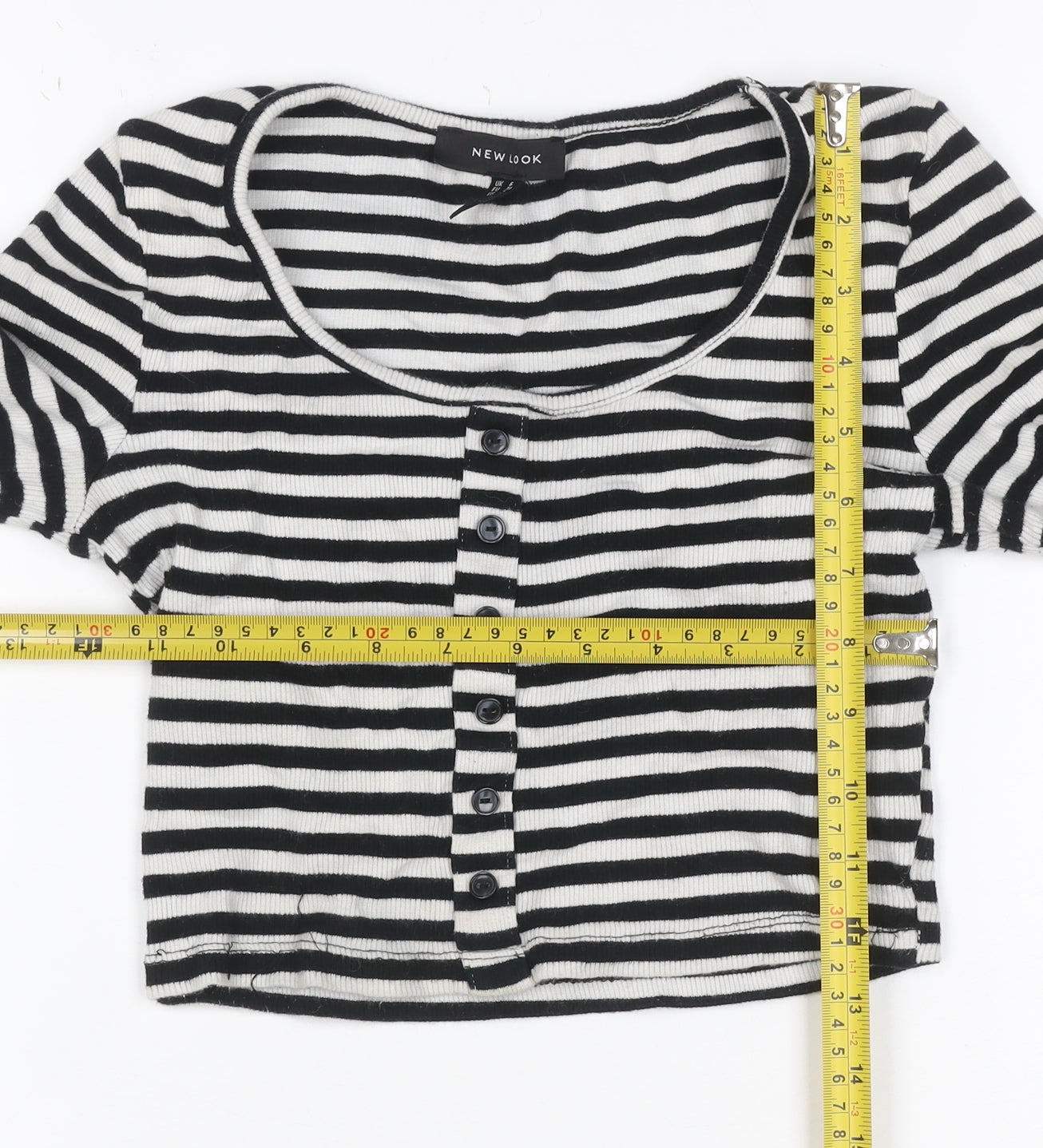 New Look Women Black White Striped Cropped Henley T-Shirt UK 6