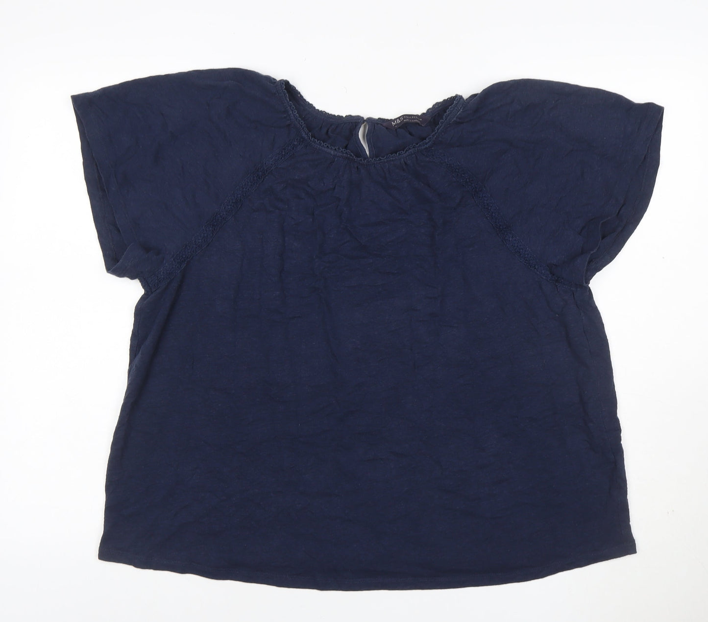 Marks & Spencer Women Blue UK 16 Cotton Crochet Cap Sleeve Blouse