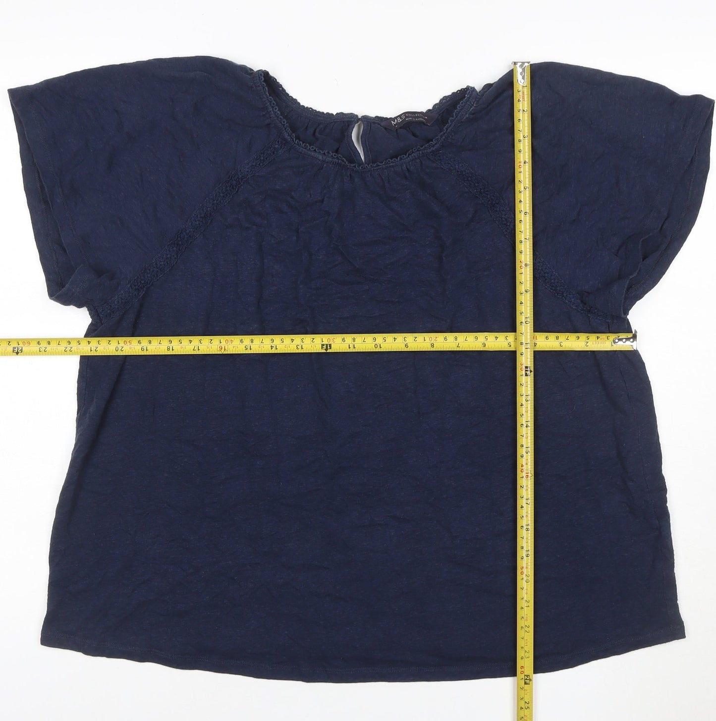 Marks & Spencer Women Blue UK 16 Cotton Crochet Cap Sleeve Blouse