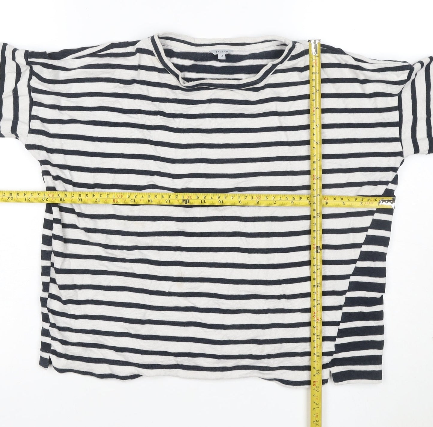 Jigsaw Women Blue White Striped Jersey T-Shirt M 3/4 Sleeve
