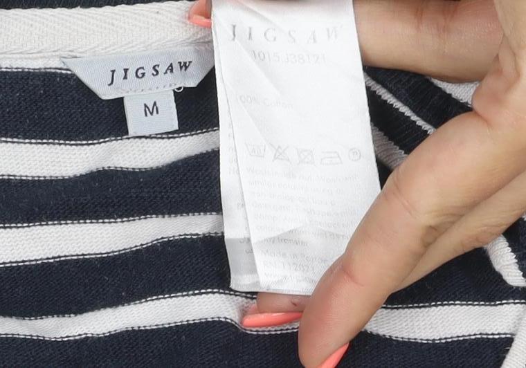 Jigsaw Women Blue White Striped Jersey T-Shirt M 3/4 Sleeve