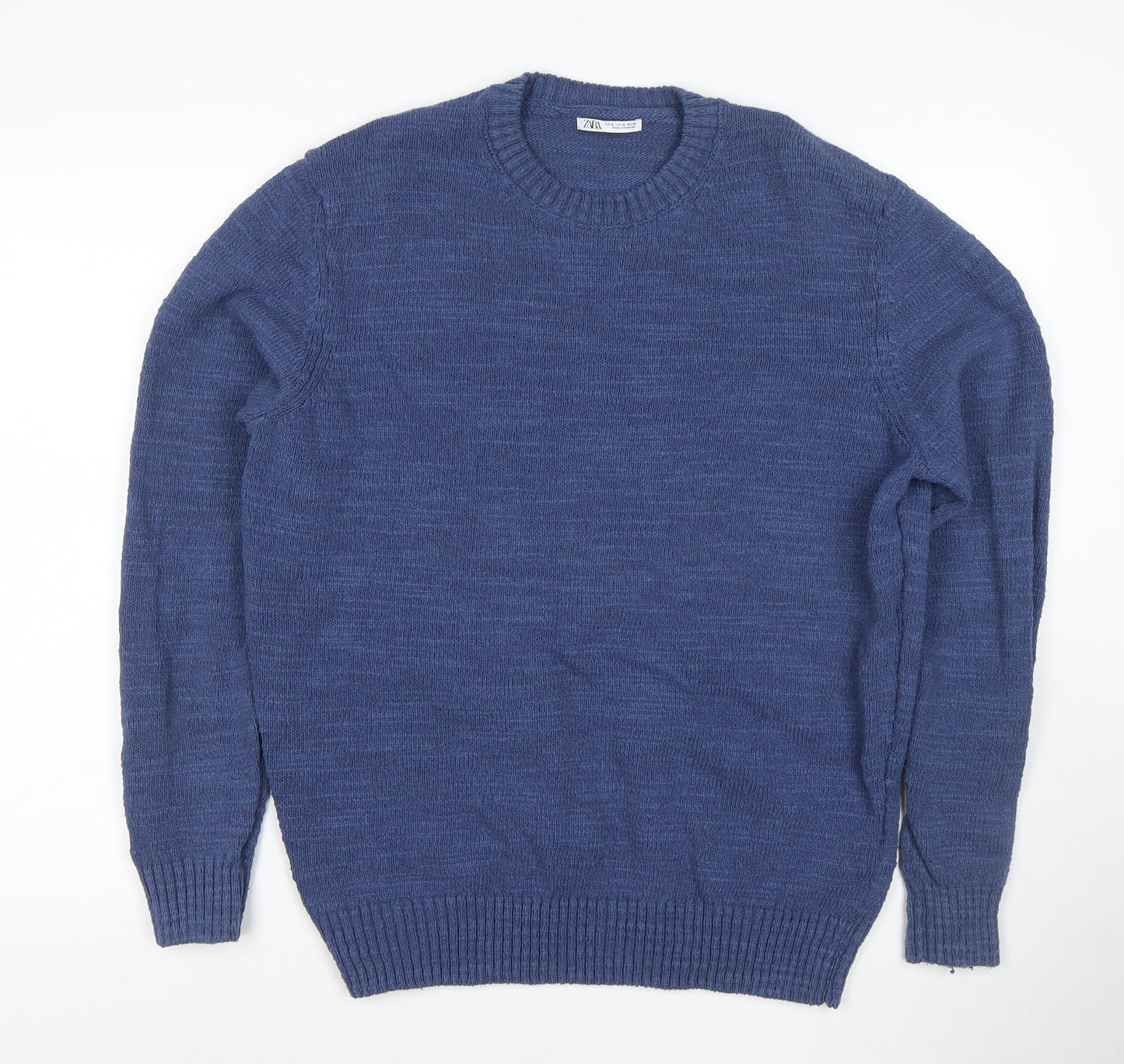 Zara Men’s Blue Crew Neck Knit Pullover Jumper Size M Cotton Blend