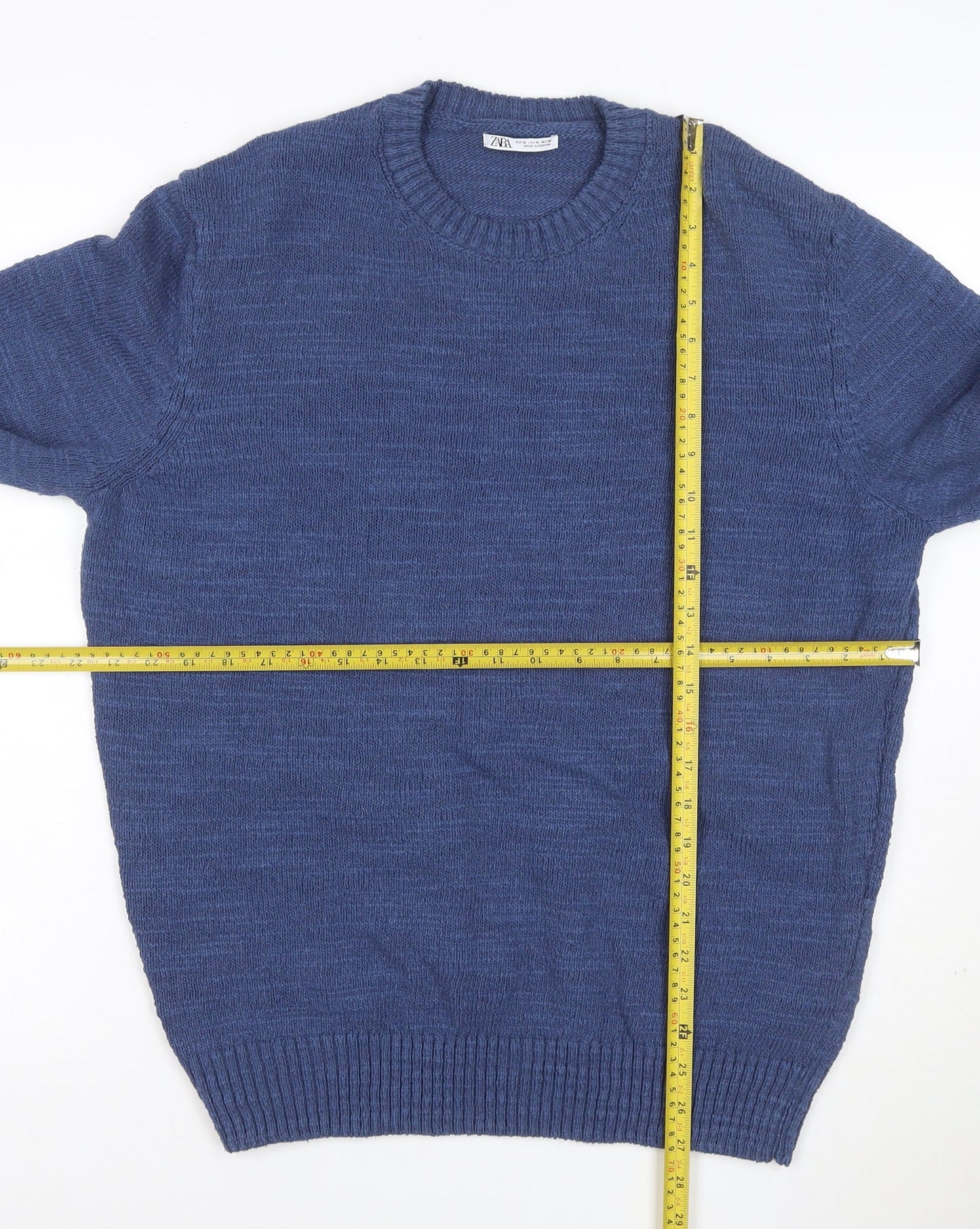 Zara Men’s Blue Crew Neck Knit Pullover Jumper Size M Cotton Blend
