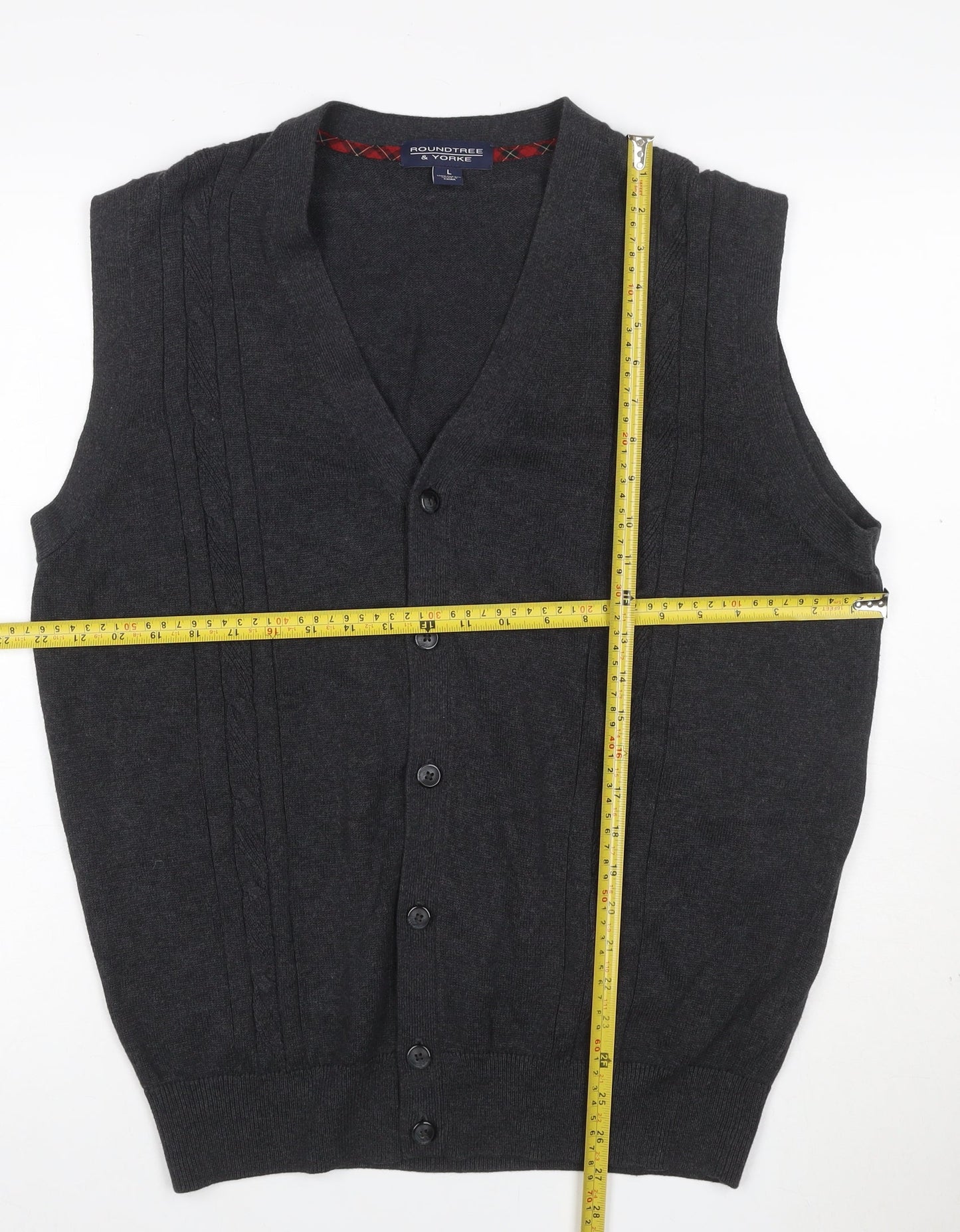 Roundtree & Yorke Men Grey L Cable Knit Button V-Neck Cardigan Vest