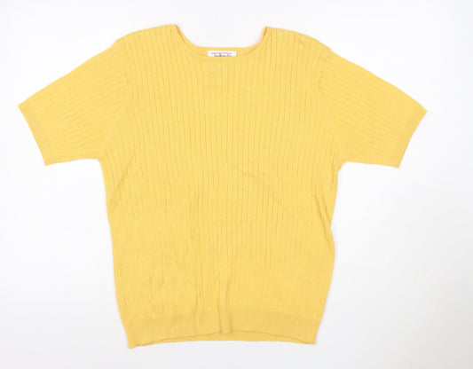 Talbots Women Yellow M Petite Ribbed Cotton Short Sleeve Knit Top