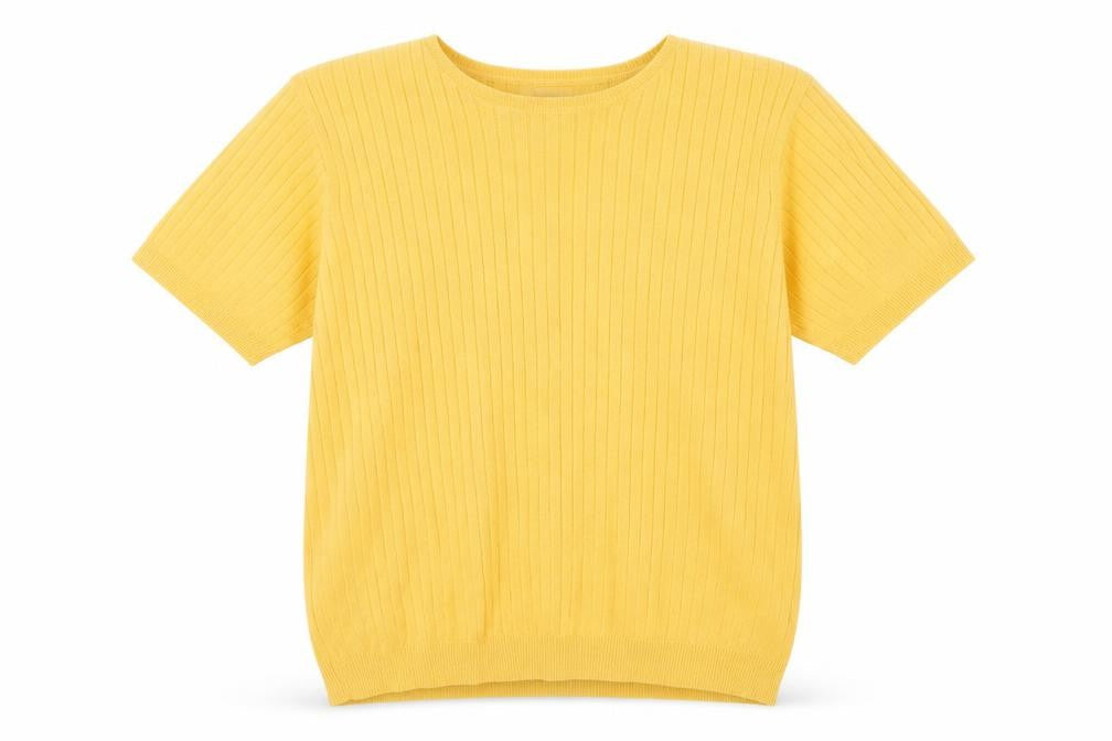 Talbots Women Yellow M Petite Ribbed Cotton Short Sleeve Knit Top