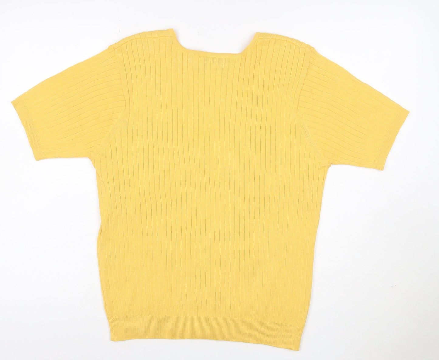 Talbots Women Yellow M Petite Ribbed Cotton Short Sleeve Knit Top