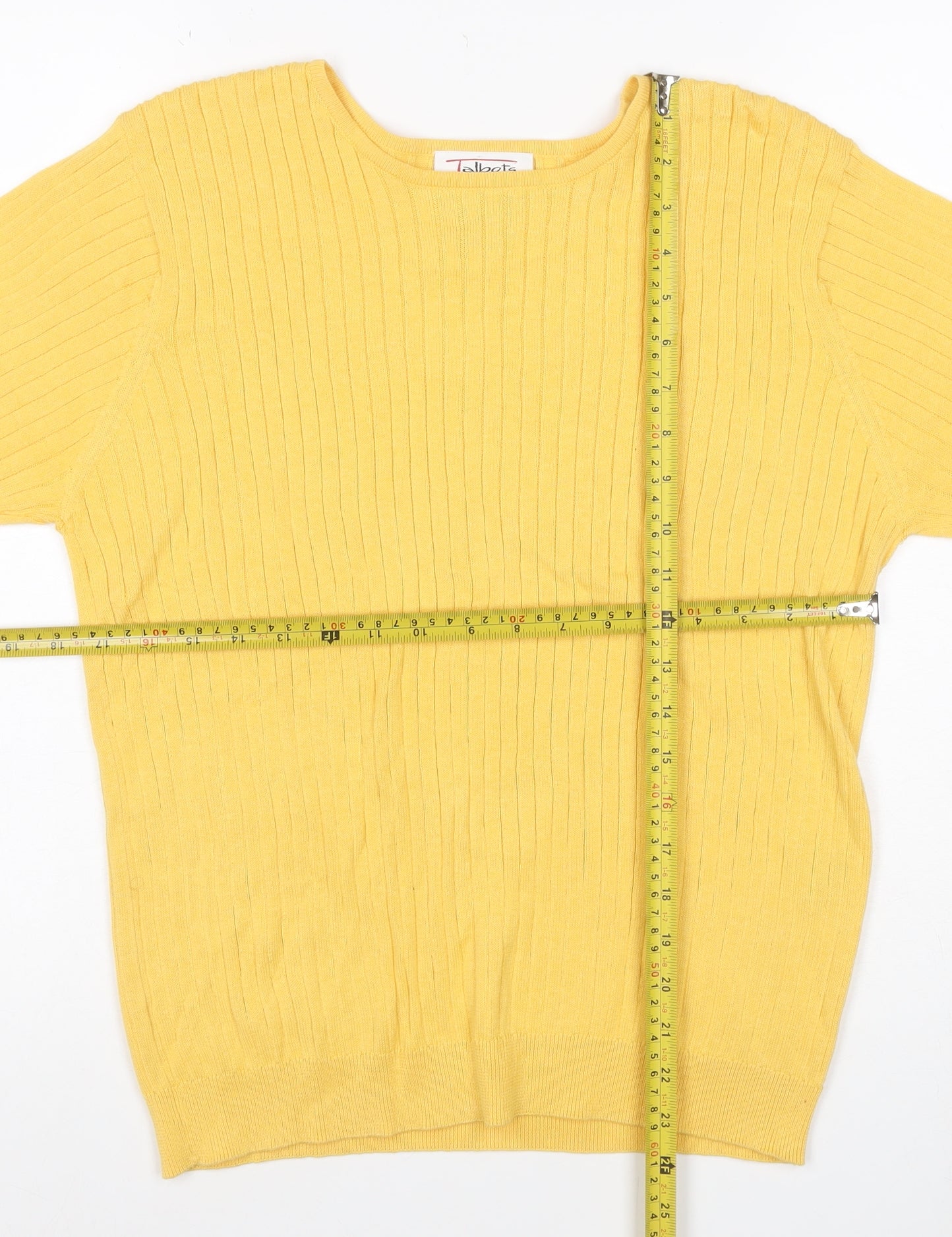 Talbots Women Yellow M Petite Ribbed Cotton Short Sleeve Knit Top