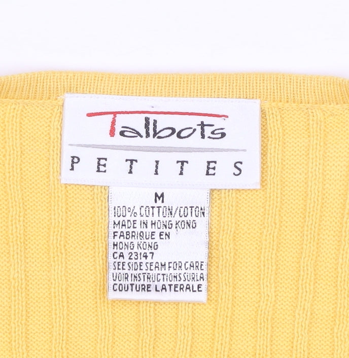 Talbots Women Yellow M Petite Ribbed Cotton Short Sleeve Knit Top